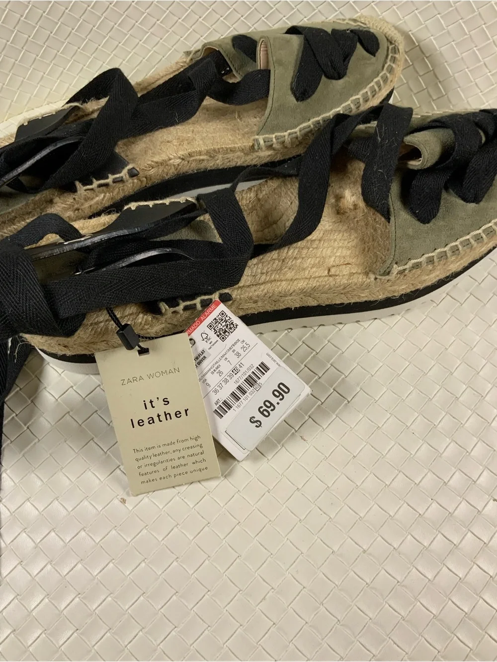 Zara Olive Espadrille Lace-Up Flats with Black Ribbons